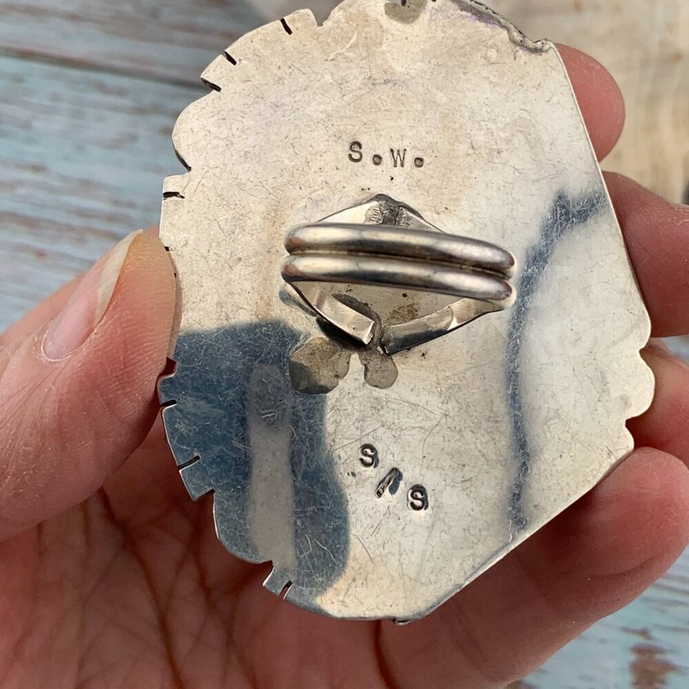 Huge Turquoise & Spiny Oyster Sterling Silver Navajo Native American Vtg Ring - Picture 10 of 11